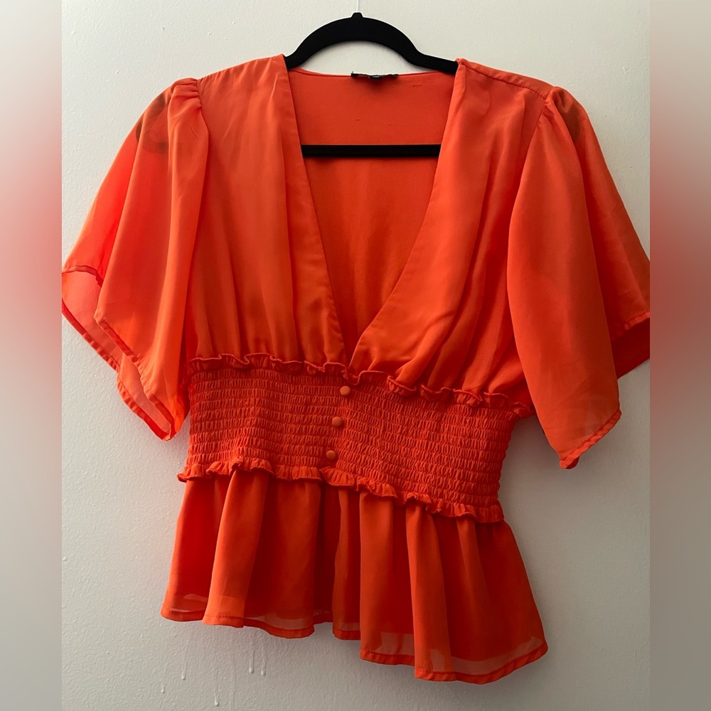 Women's Orange V-Neck Ruffle Top -Large, NWT